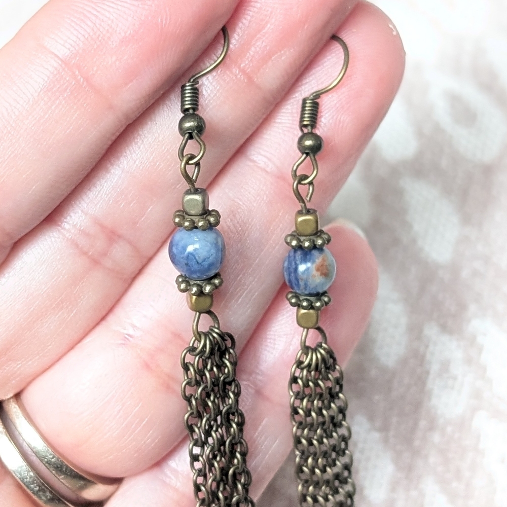 Hand Crafted Blue and Gold Chain Earrings